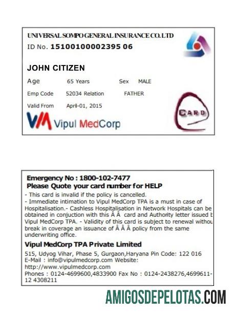 Índia UniversalSompo General Insurance Co. LTD Cartão de seguro saúde exemplo real